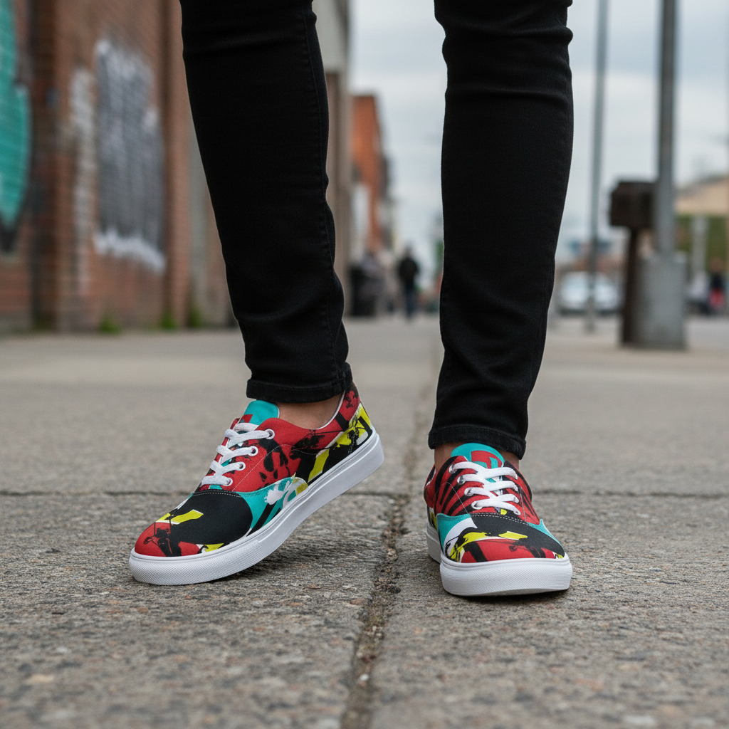 Man wearing colorful lace-ups with black jeans on concrete