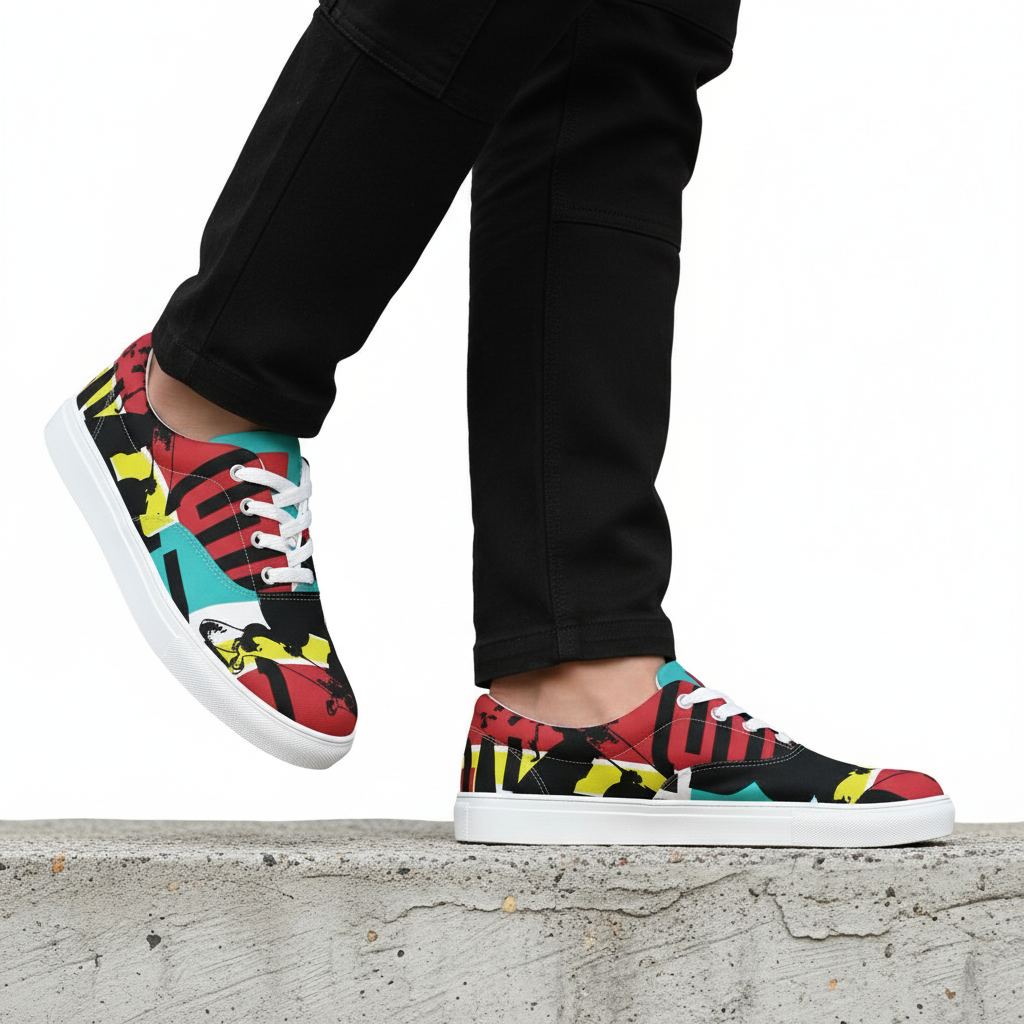 Man wearing colorful lace-ups with cargo pants on ledge
