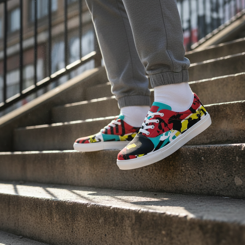 Man wearing colorful lace-ups with grey joggers on stairs