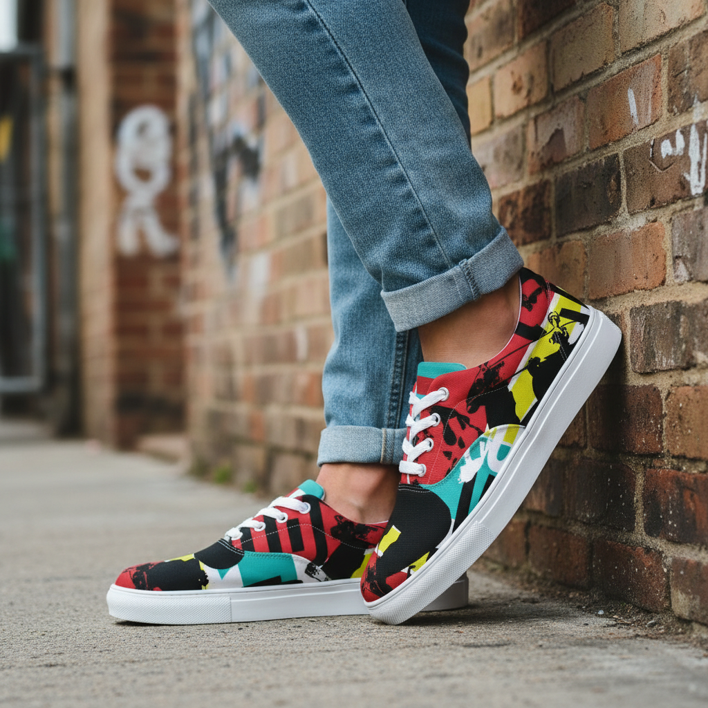 Man wearing colorful lace-ups with light denim against brick wall