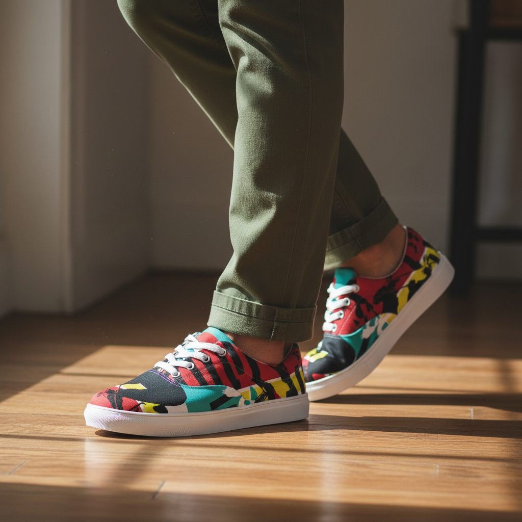 Man wearing colorful lace-ups with olive chinos on wooden floor