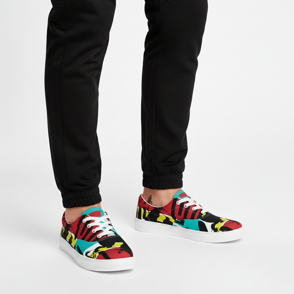 Man wearing colorful lace-ups with track pants, standing pose