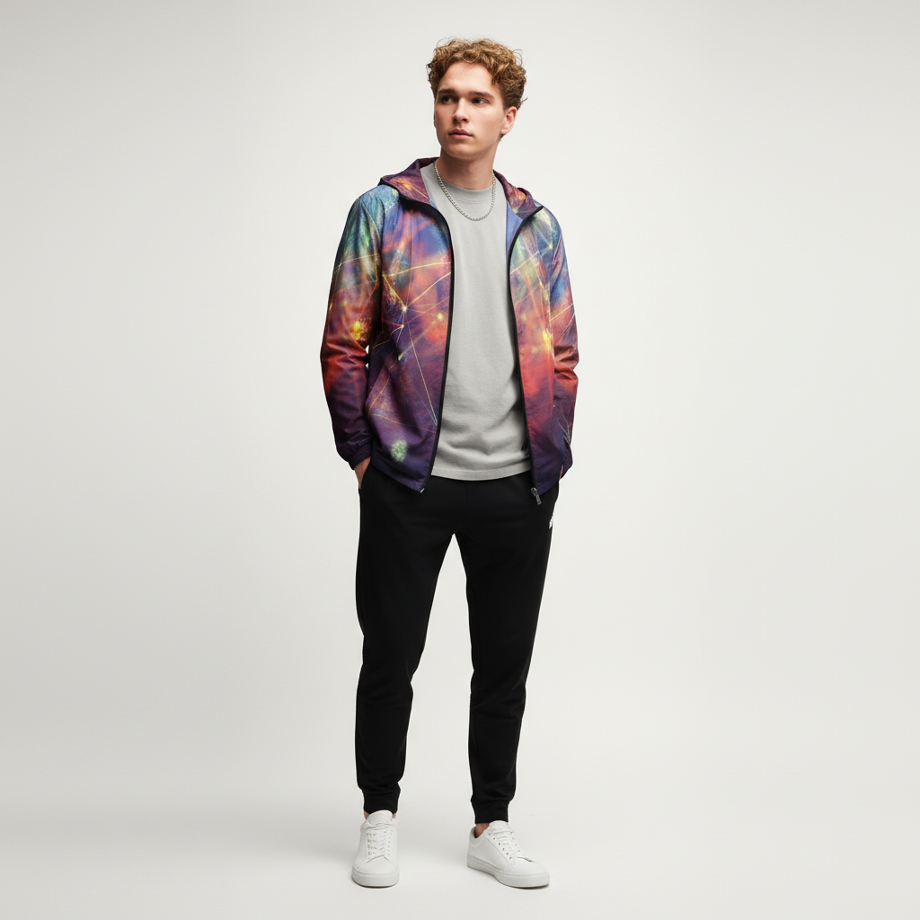 Man with curly hair in open galaxy windbreaker