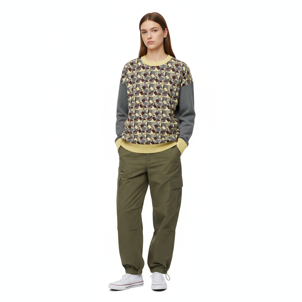Model in sweater with cargo pants and canvas sneakers