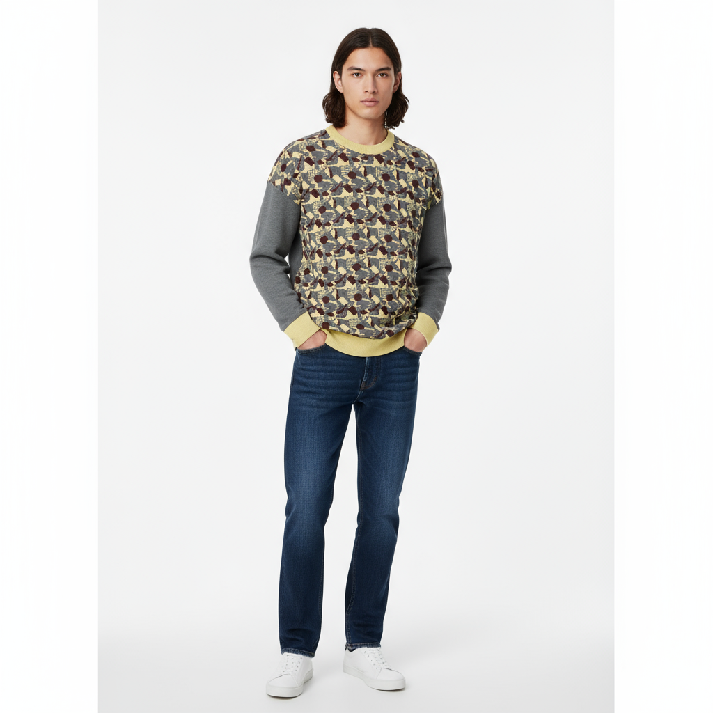 Model in sweater with dark jeans and white sneakers