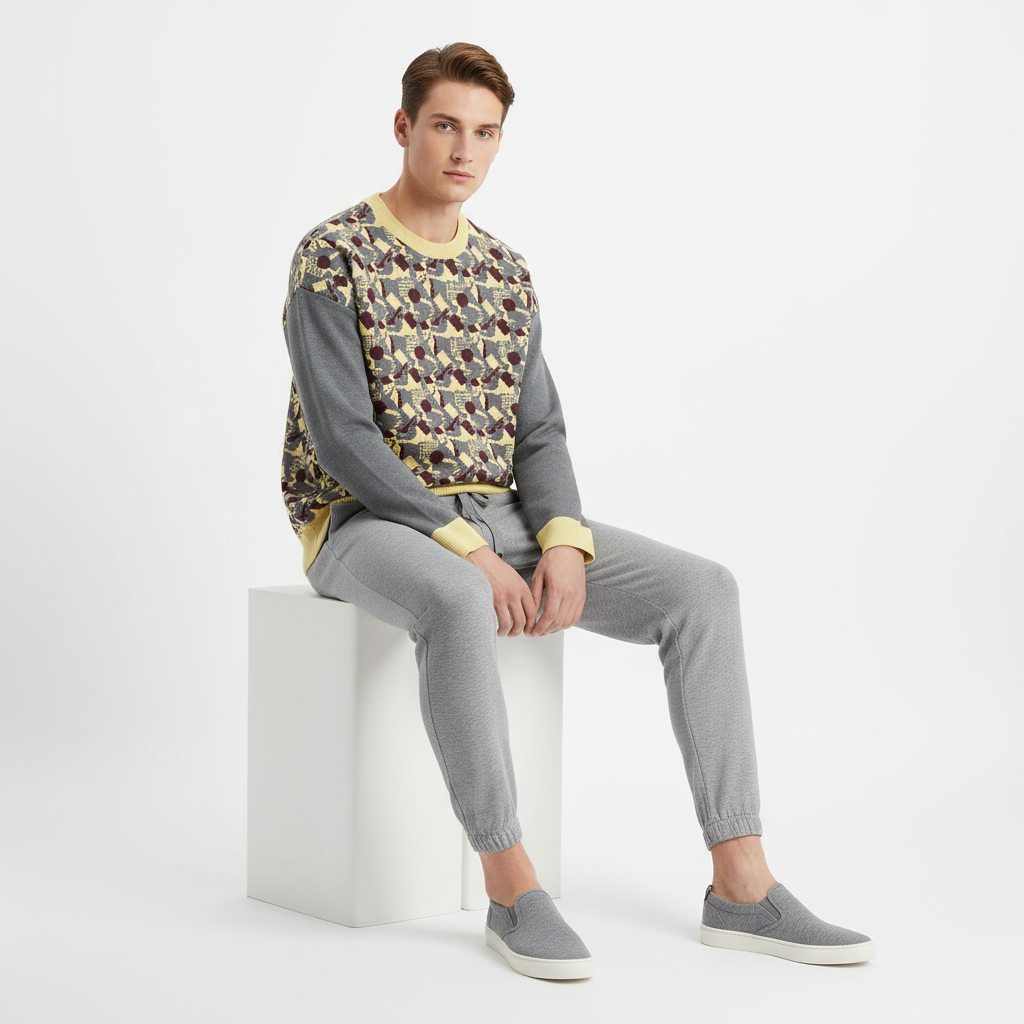 Model in sweater with gray joggers and slip-ons