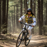 Mountain bike trail pine forest action shot