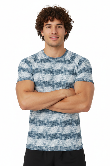 Muscular model with arms crossed