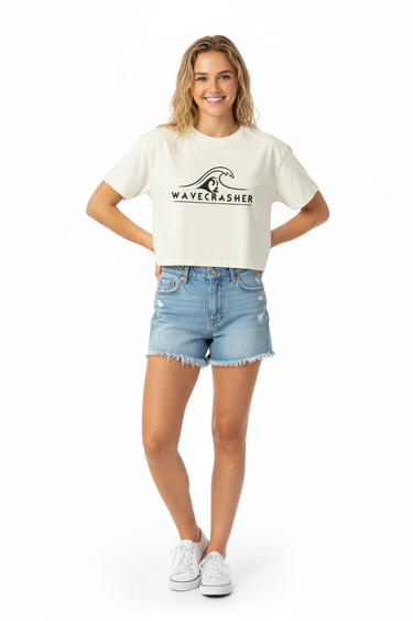 Natural cream crop top front with hands on hips