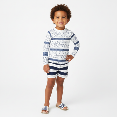Nautical rash guard with white and blue striped shorts