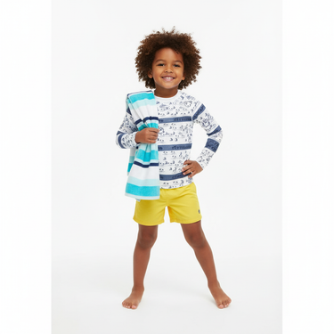 Nautical rash guard with yellow trunks and towel