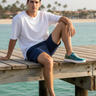 Navy boardshorts dock