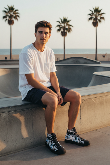 Navy boardshorts white tee skate park
