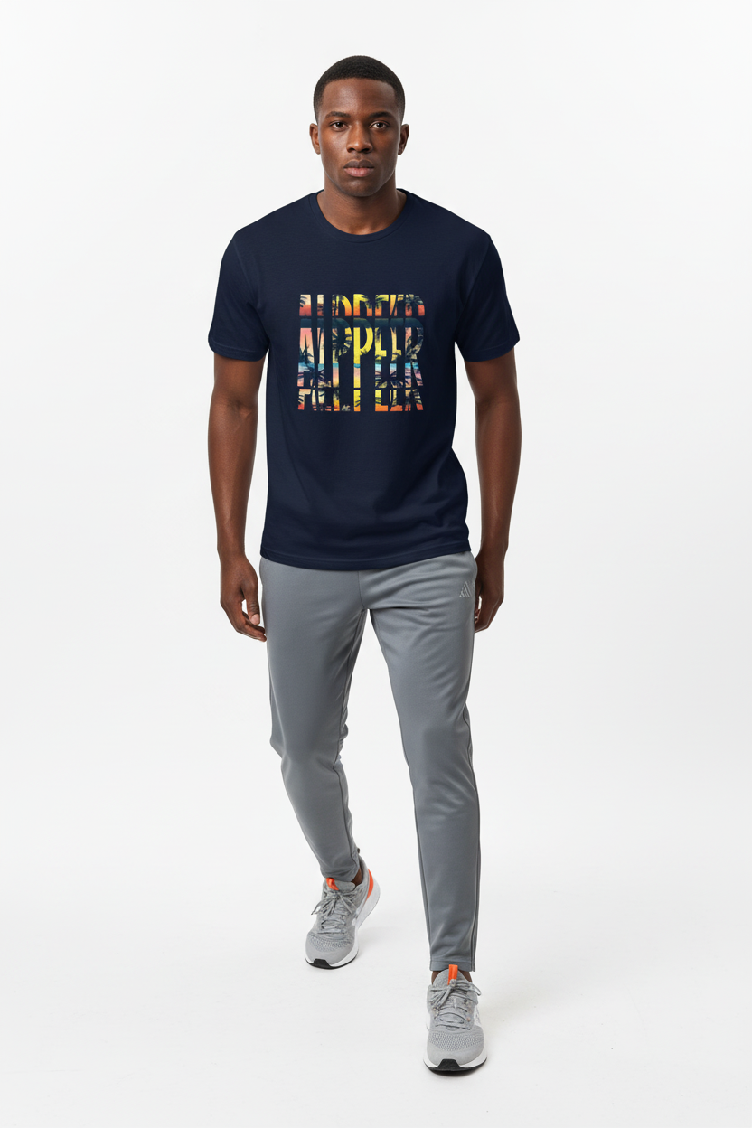 Navy Tropical ALPPEER Tee with Gray Track Pants - Full Body