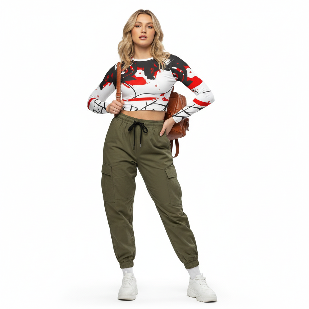 Notes on Replay Crop Top with Olive Cargo Joggers