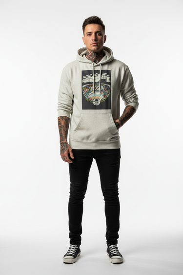 Oatmeal heather hoodie with tattooed model, one hand in pocket