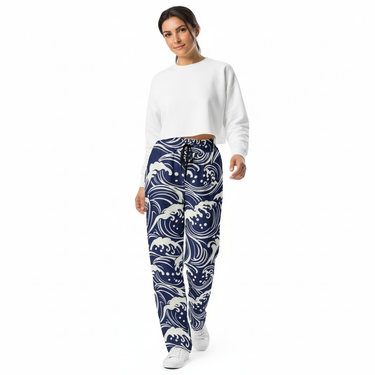 Ocean Wave Wide-Leg Joggers - Latina female model with crop sweatshirt
