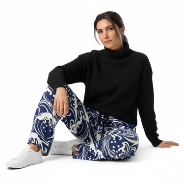 Ocean Wave Wide-Leg Joggers - White female model with turtleneck