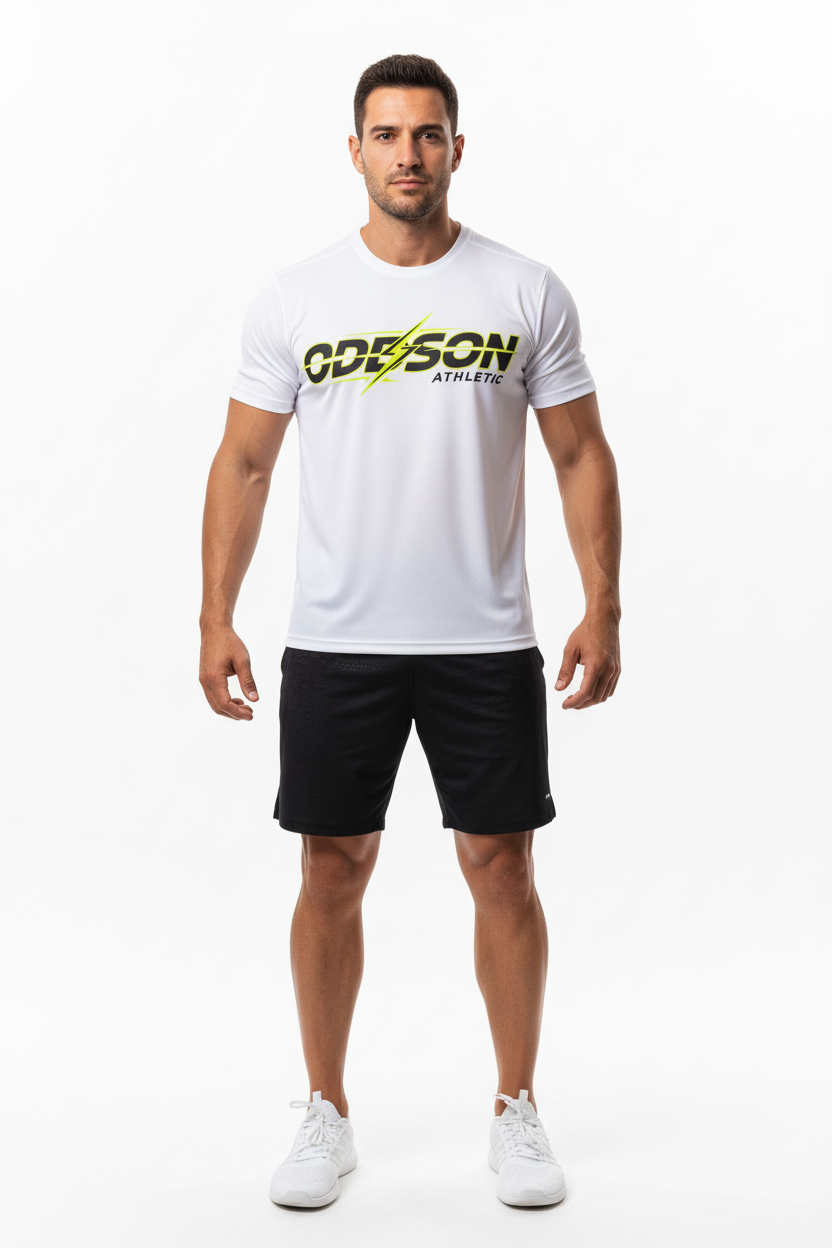 ODEYSON tee with black athletic shorts front