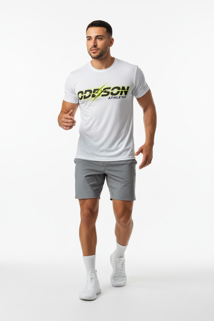 ODEYSON tee with gray athletic shorts front