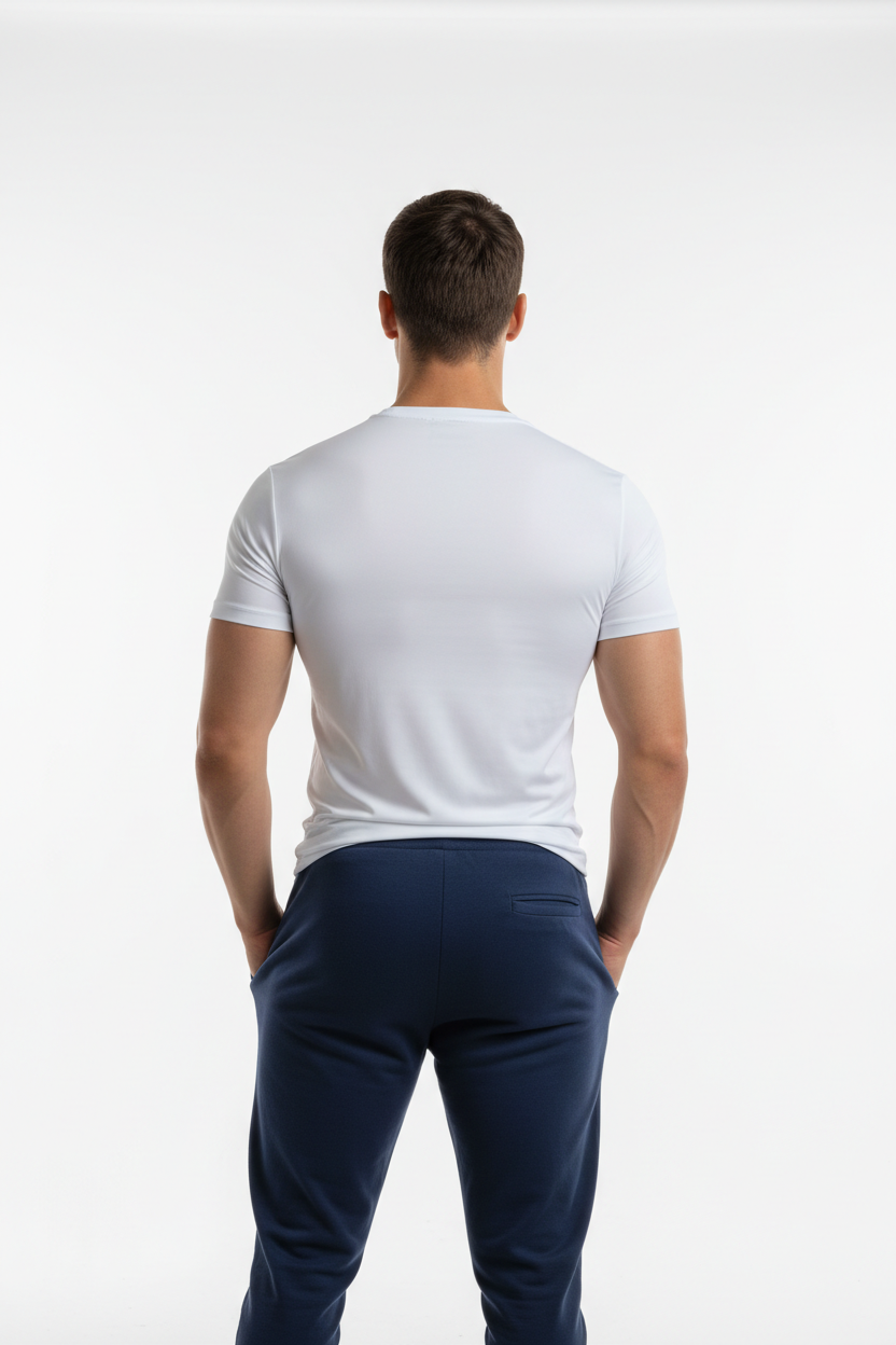 Plain white back with navy joggers