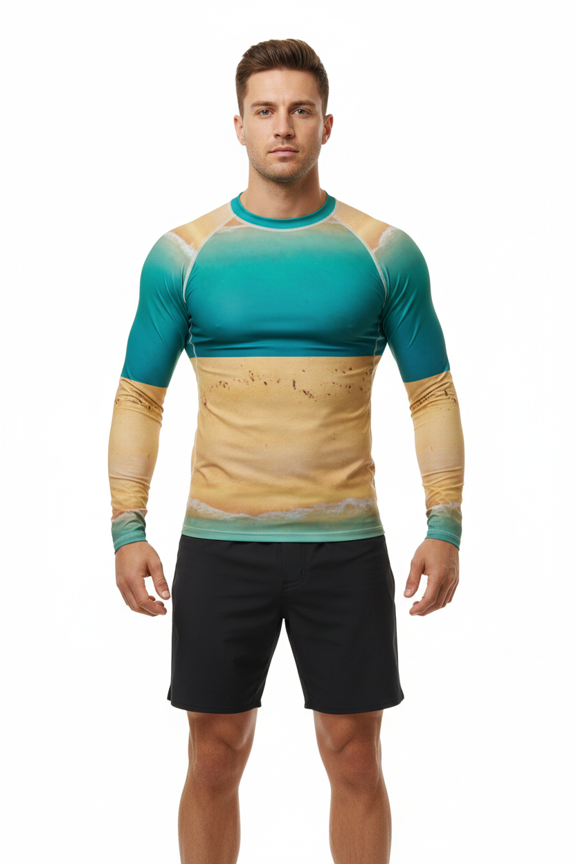Rash guard with black boardshorts front