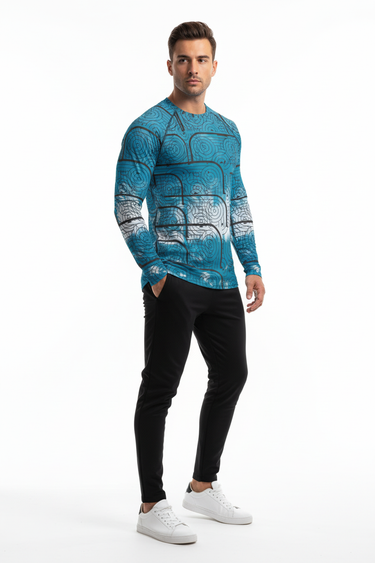 Rash guard with black joggers and white sneakers