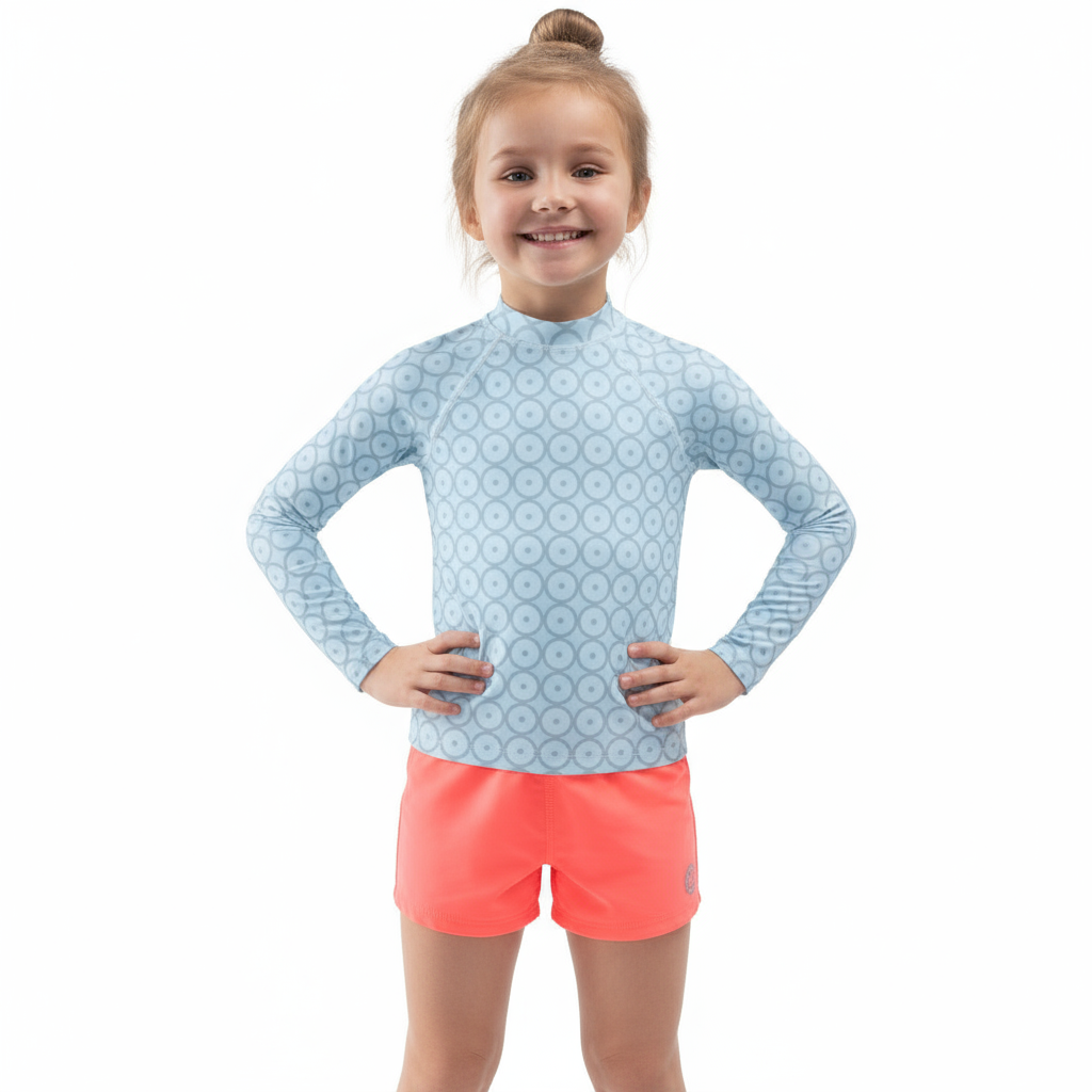 Rash guard with coral swim shorts