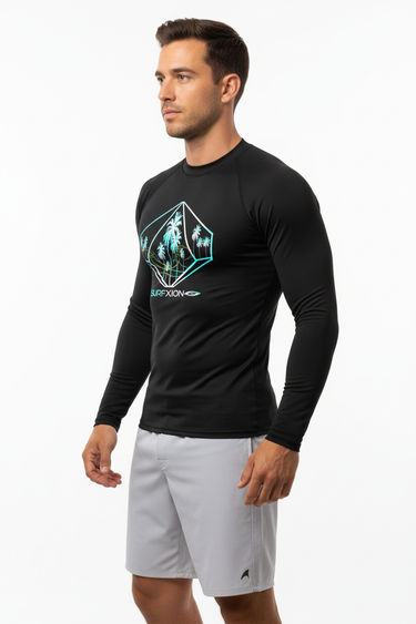 Rash guard with gray boardshorts side