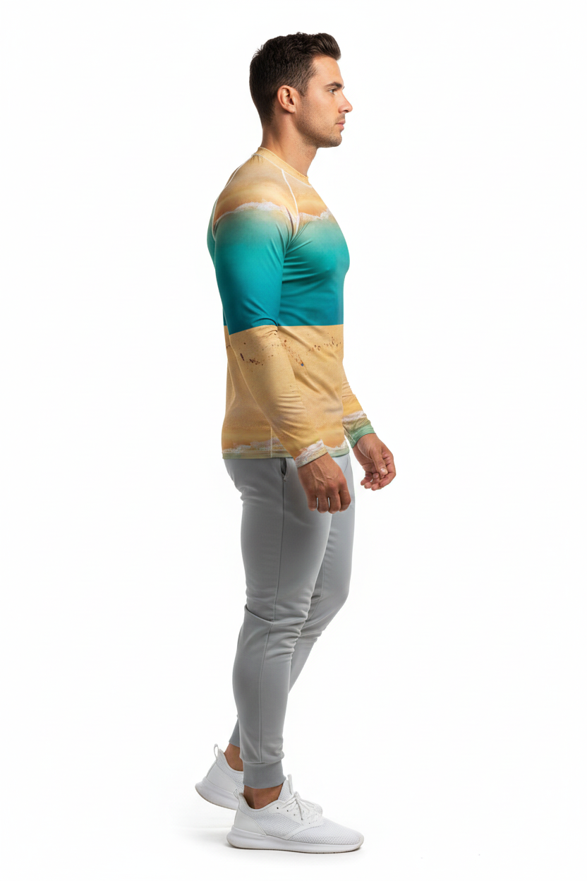 Rash guard with gray joggers side