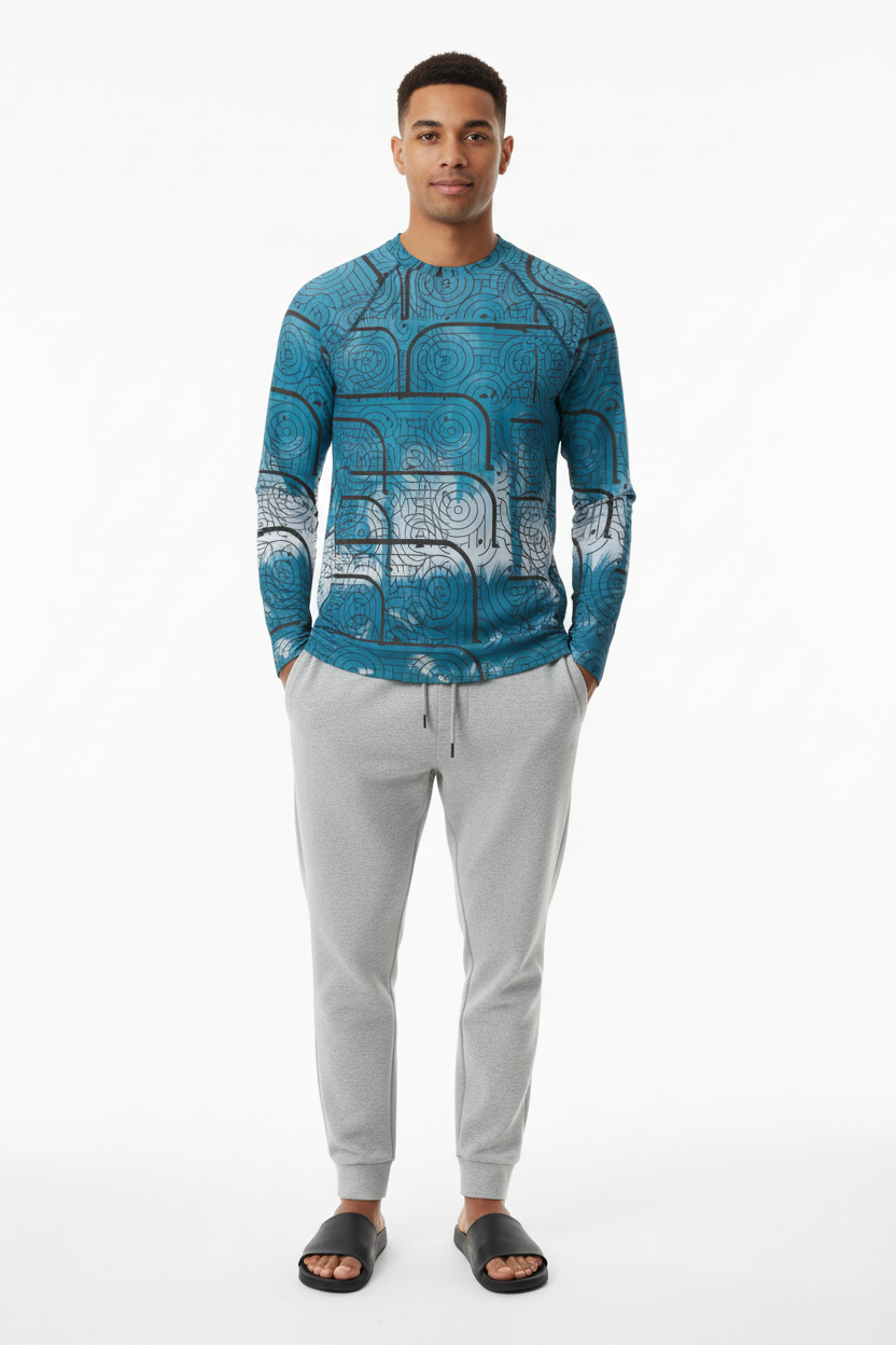 Rash guard with grey joggers and slides