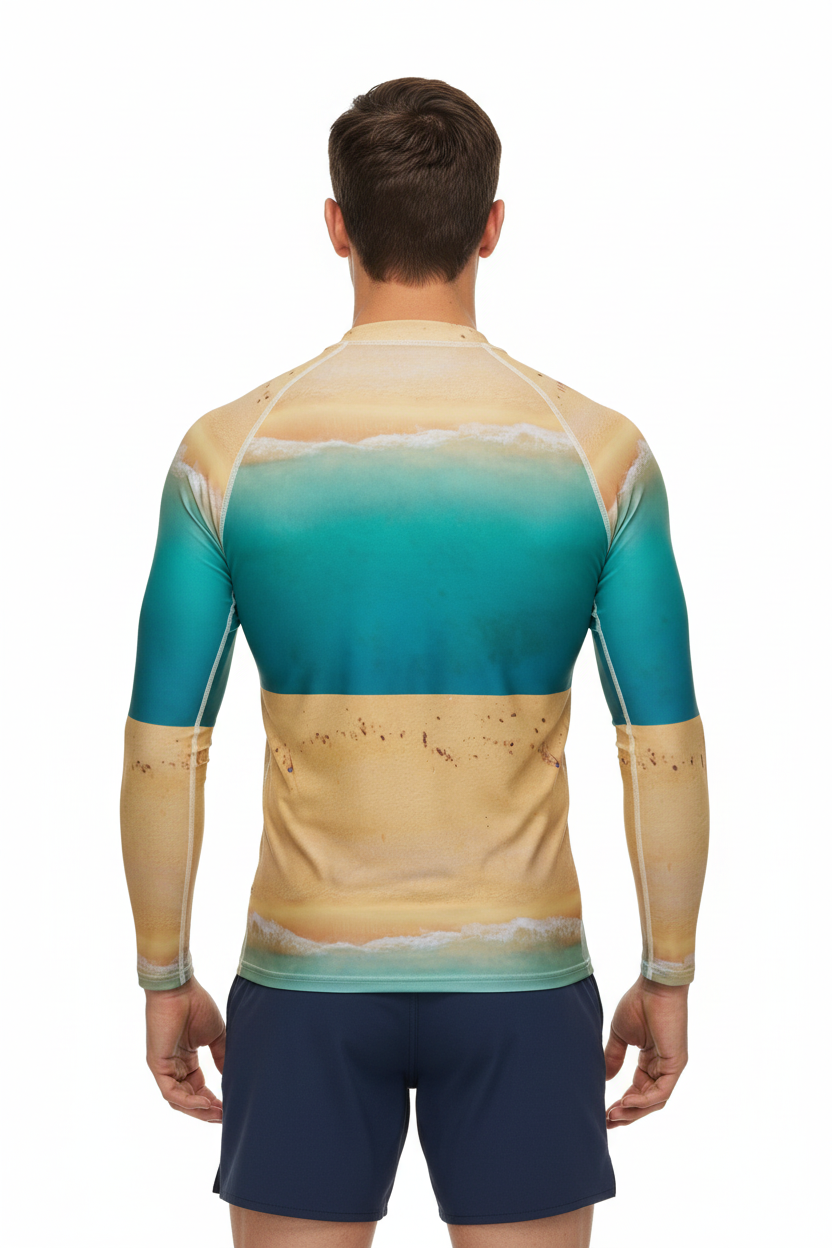 Rash guard with navy boardshorts back