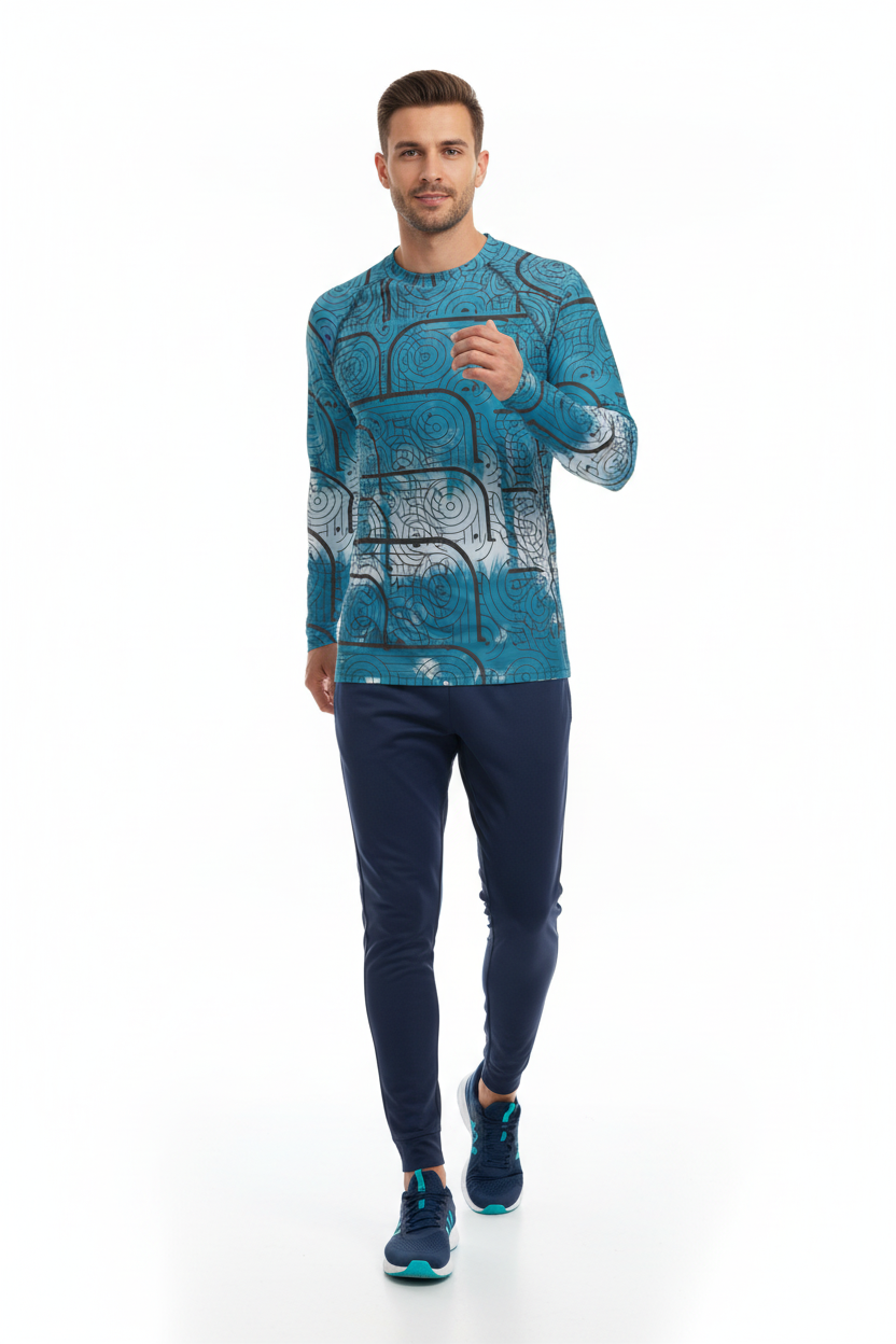 Rash guard with navy joggers and running shoes