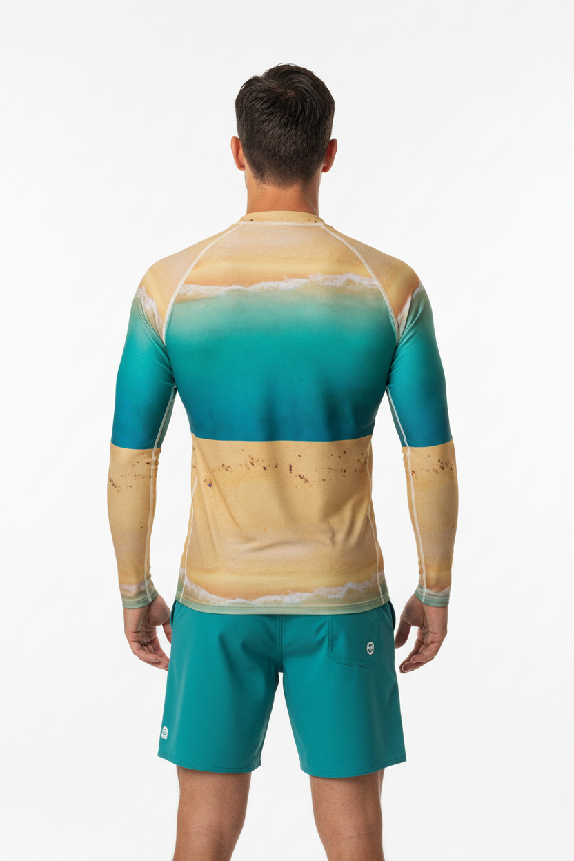 Rash guard with teal boardshorts back