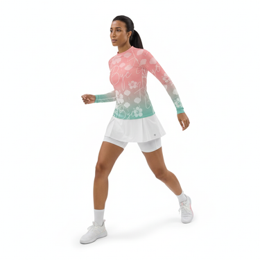Rash guard with white athletic tennis skirt