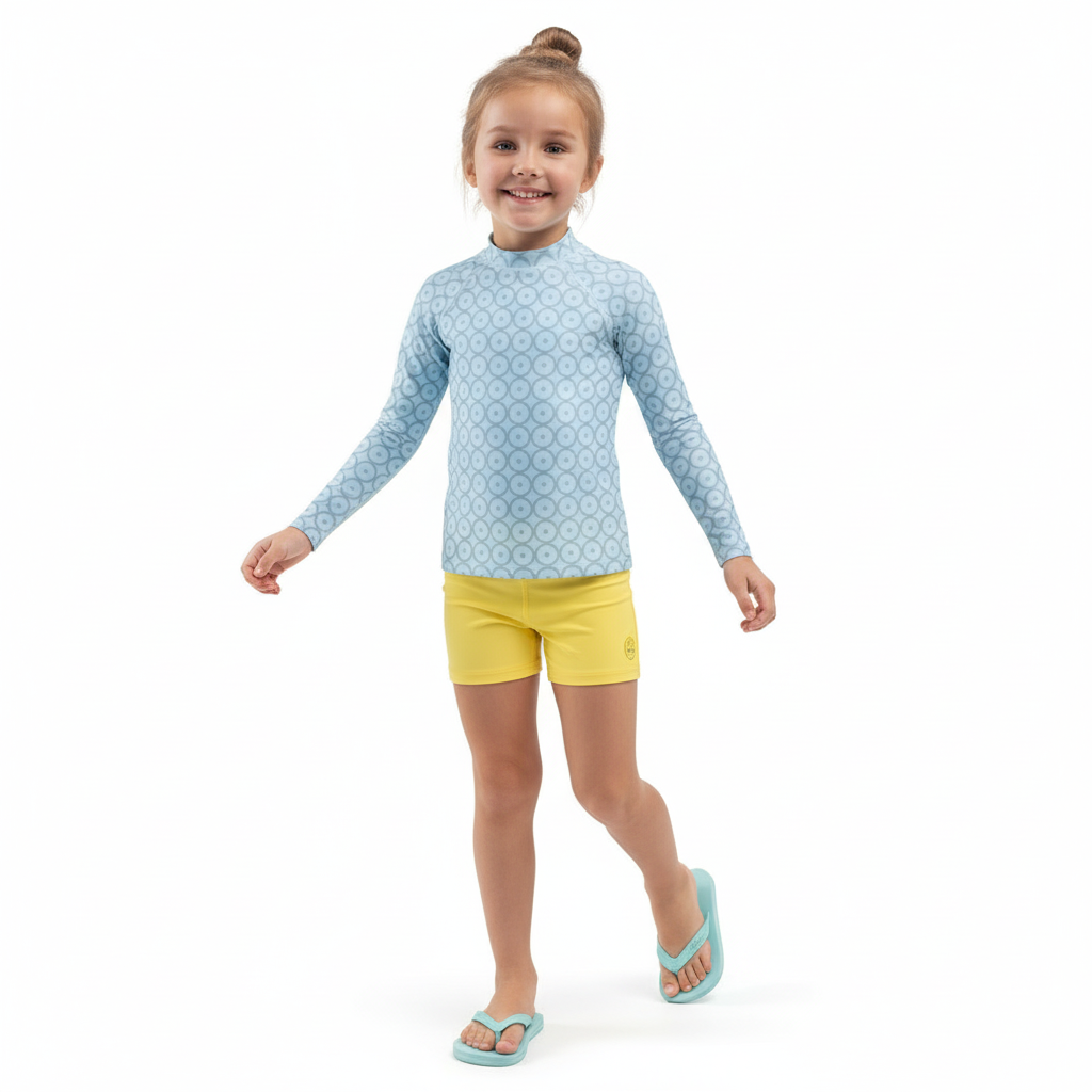 Rash guard with yellow shorts