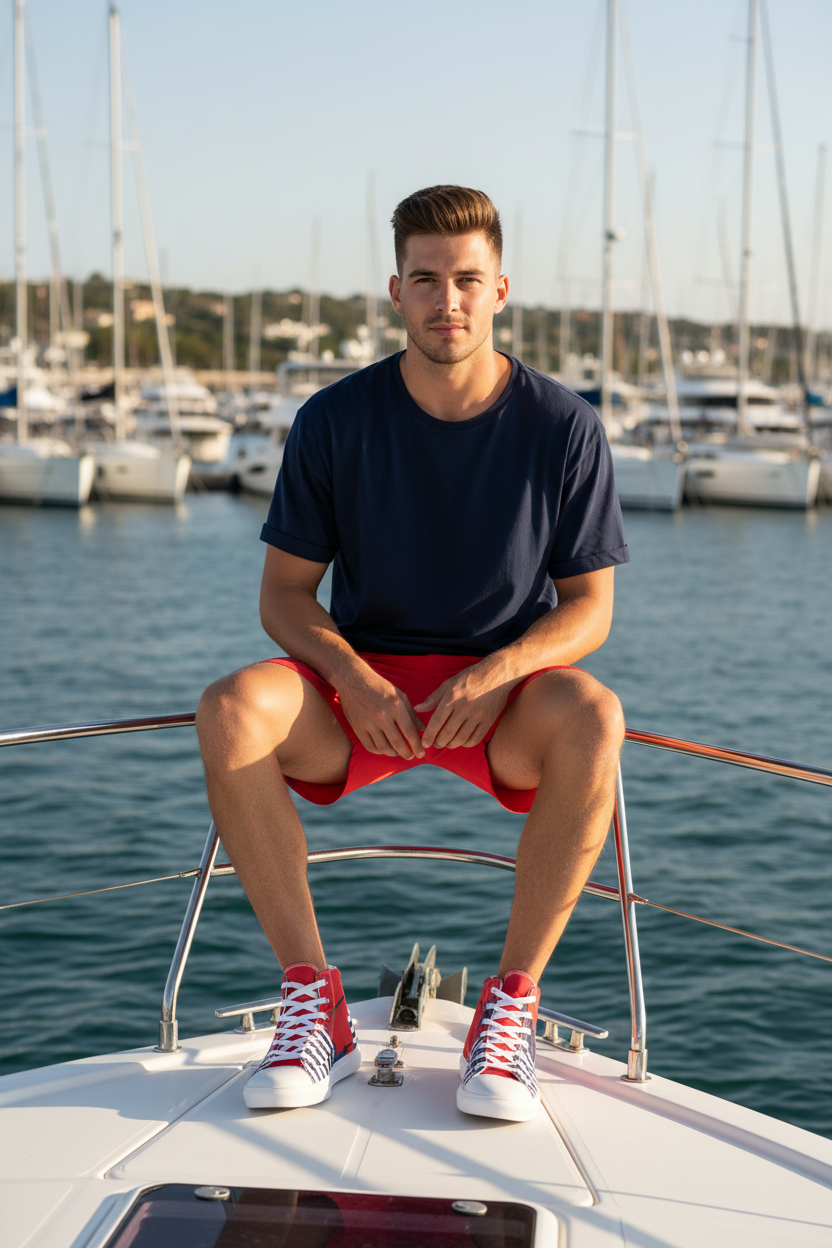 Red boardshorts navy tee yacht