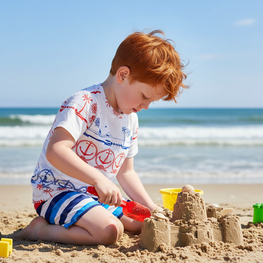 Red-haired boy building sandcastle in Never Ending Adventures tee