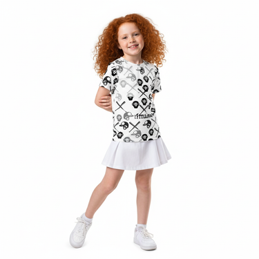 Red-haired girl in My Favorite Hobbies tee with white skirt on white background