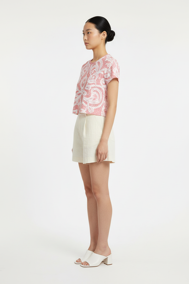 Side - Asian model, cream shorts