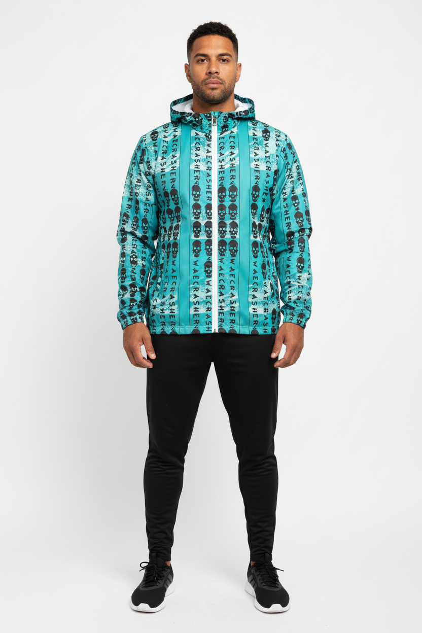 Skull Pattern Windbreaker with Black Joggers - Full Body