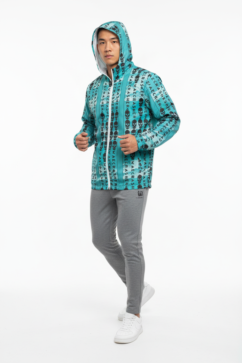 Skull Pattern Windbreaker with Gray Joggers - Full Body
