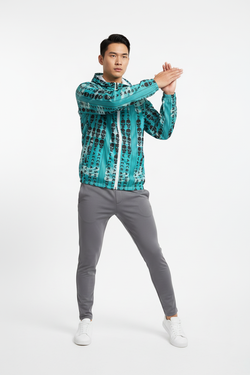 Skull Pattern Windbreaker with Gray Track Pants - Full Body