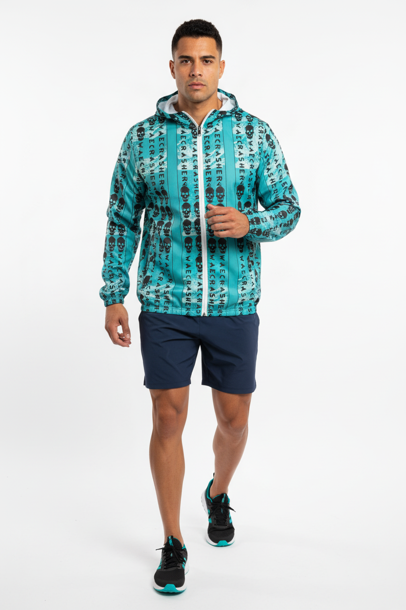 Skull Pattern Windbreaker with Navy Exercise Shorts - Full Body