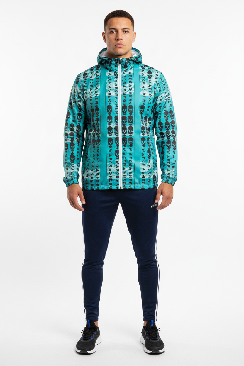 Skull Pattern Windbreaker with Navy Track Pants - Full Body