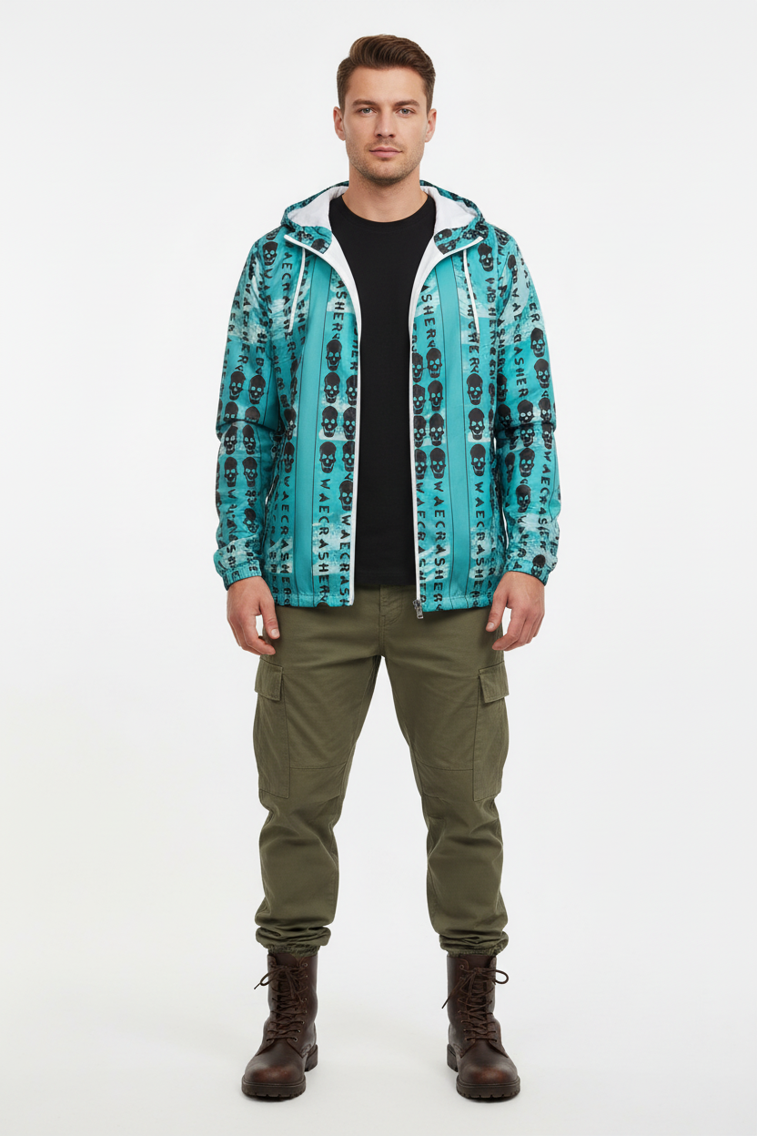 Skull Pattern Windbreaker with Olive Cargo Pants - Full Body
