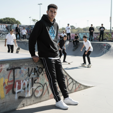 South Asian male model in black hoodie