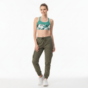Sports bra with olive cargo joggers