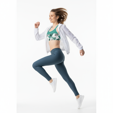 Sports bra with windbreaker and navy leggings