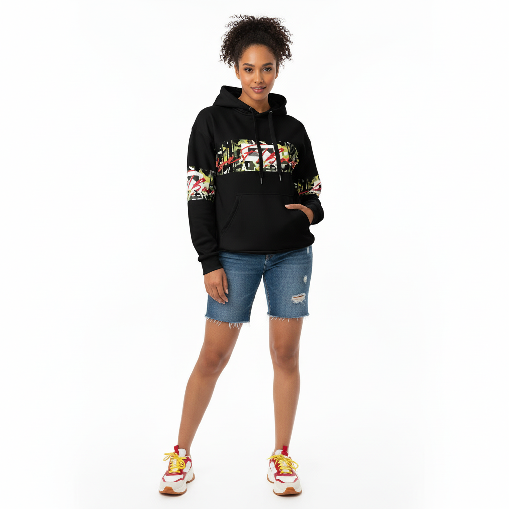 Street confident - black hoodie with denim shorts